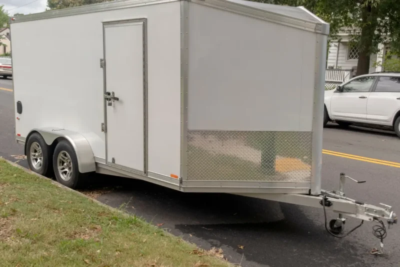 A white, enclosed trailer with dual axles parked on a residential street. The trailer features a side door and reflective silver paneling, conveying practicality.