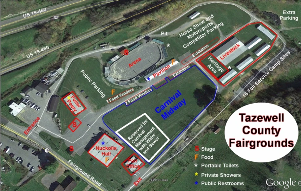 Aerial map of Tazewell County Fairgrounds showing Carnival Midway, arena, food vendors, parking, restrooms, showers, and entrances.